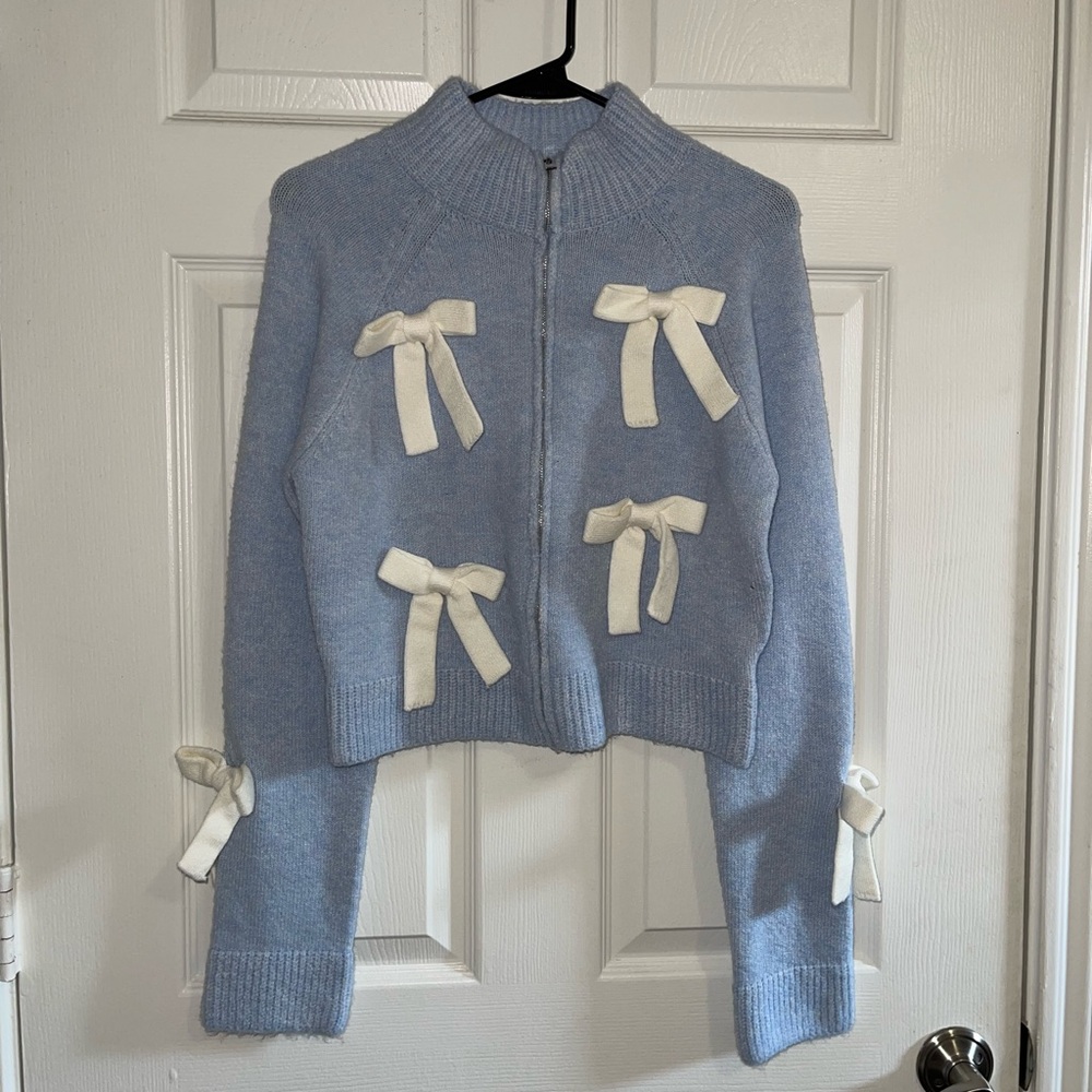 Cider Blue Cardigan with Cream Bows